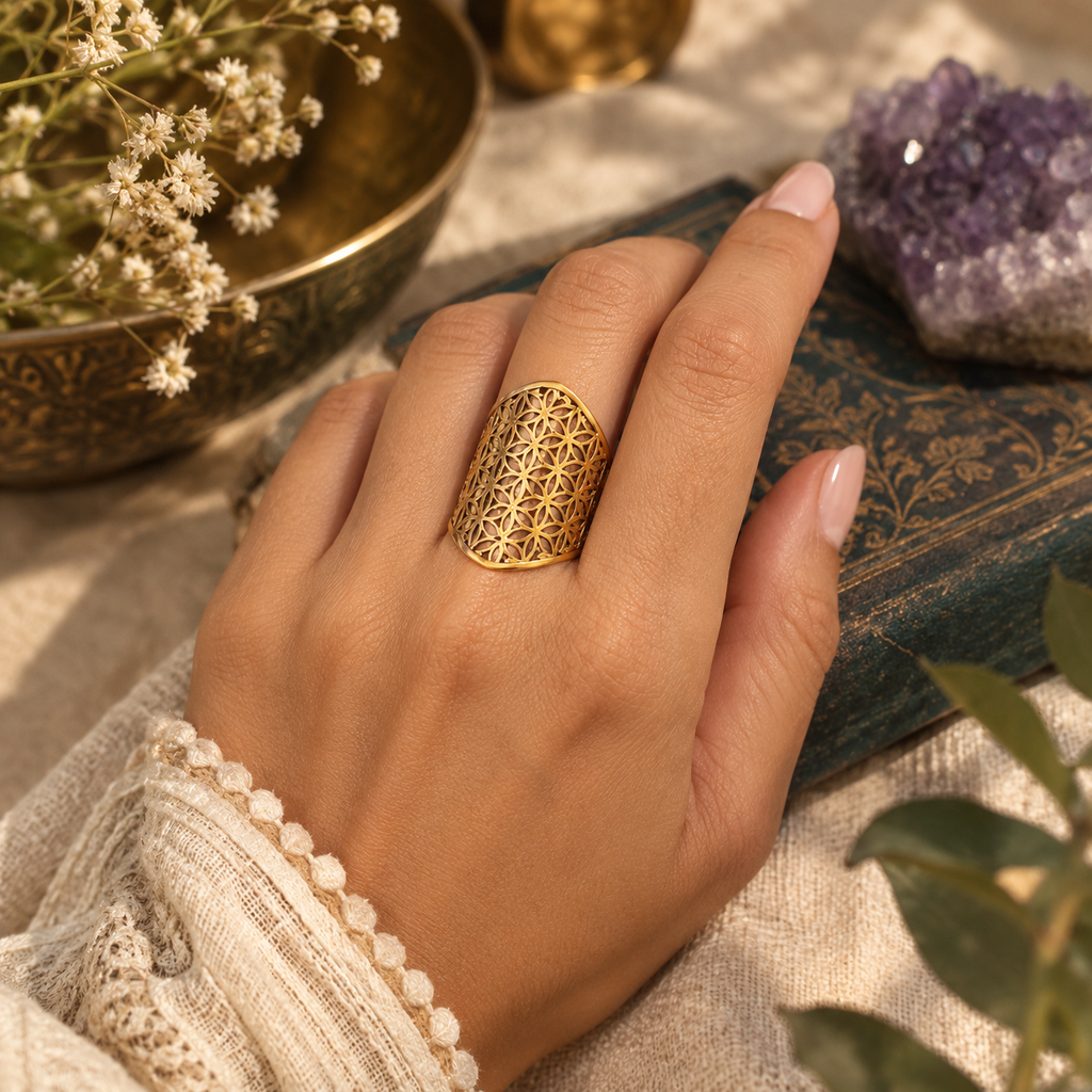 Boho Code Ring 01 - Brass Adjustable | Flower of Life