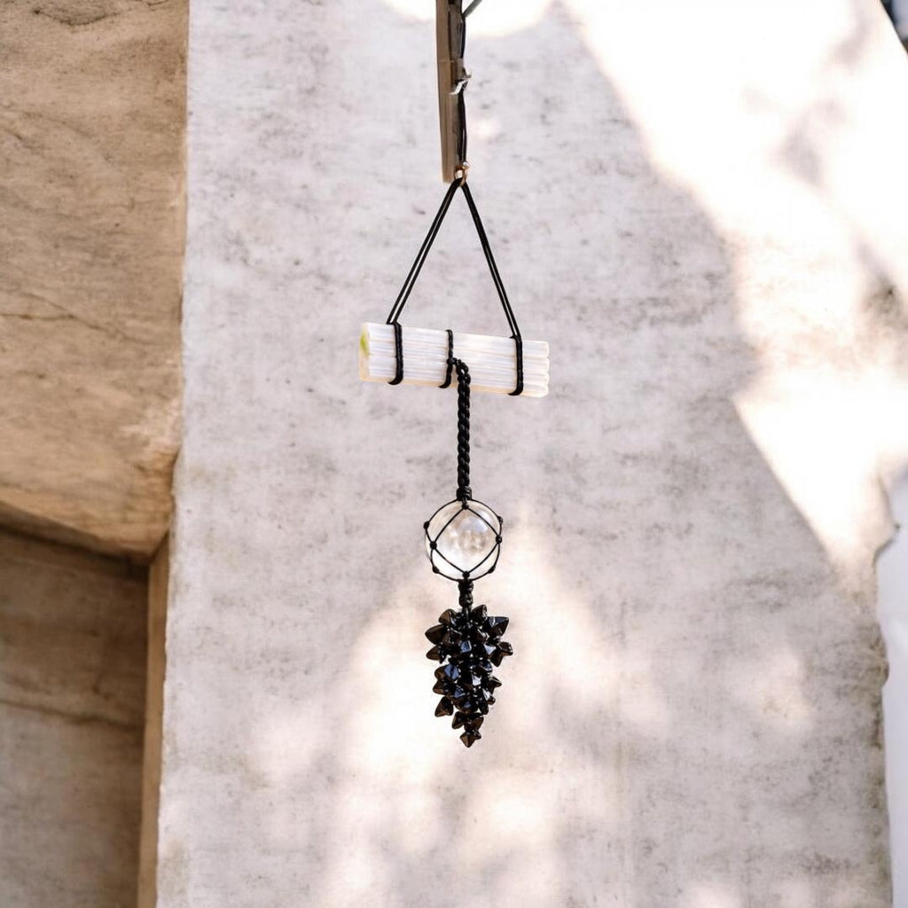 Selenite, Clear Quartz & Black Tourmaline Door Hanging - Raw Natural Crystals | A King Protector