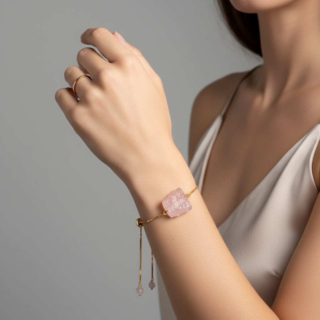 Rose Quartz Bracelet - Raw Natural Stone Adjustable | Essence of Courage
