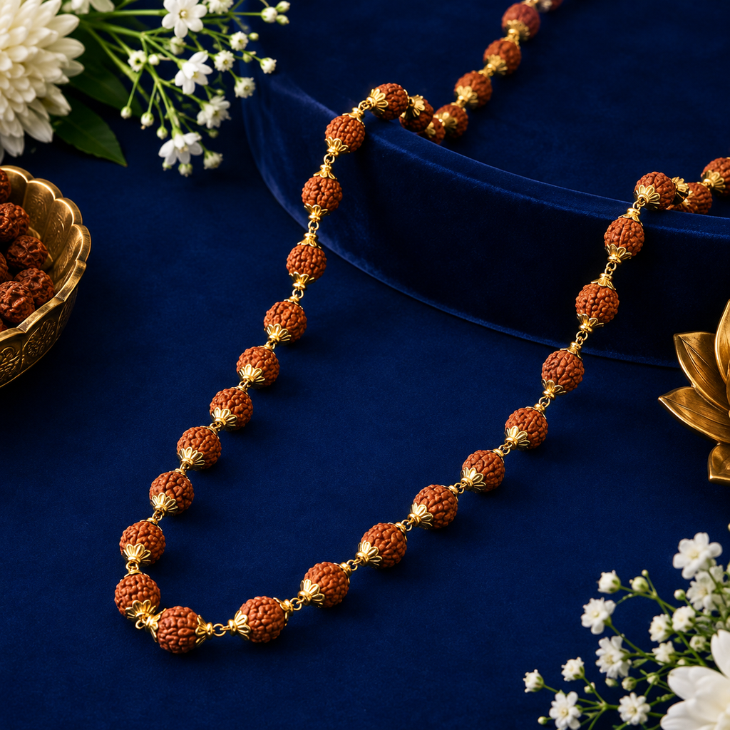 Rudraksh Mala - 5 Mukhi 8mm Beads Gold Plated