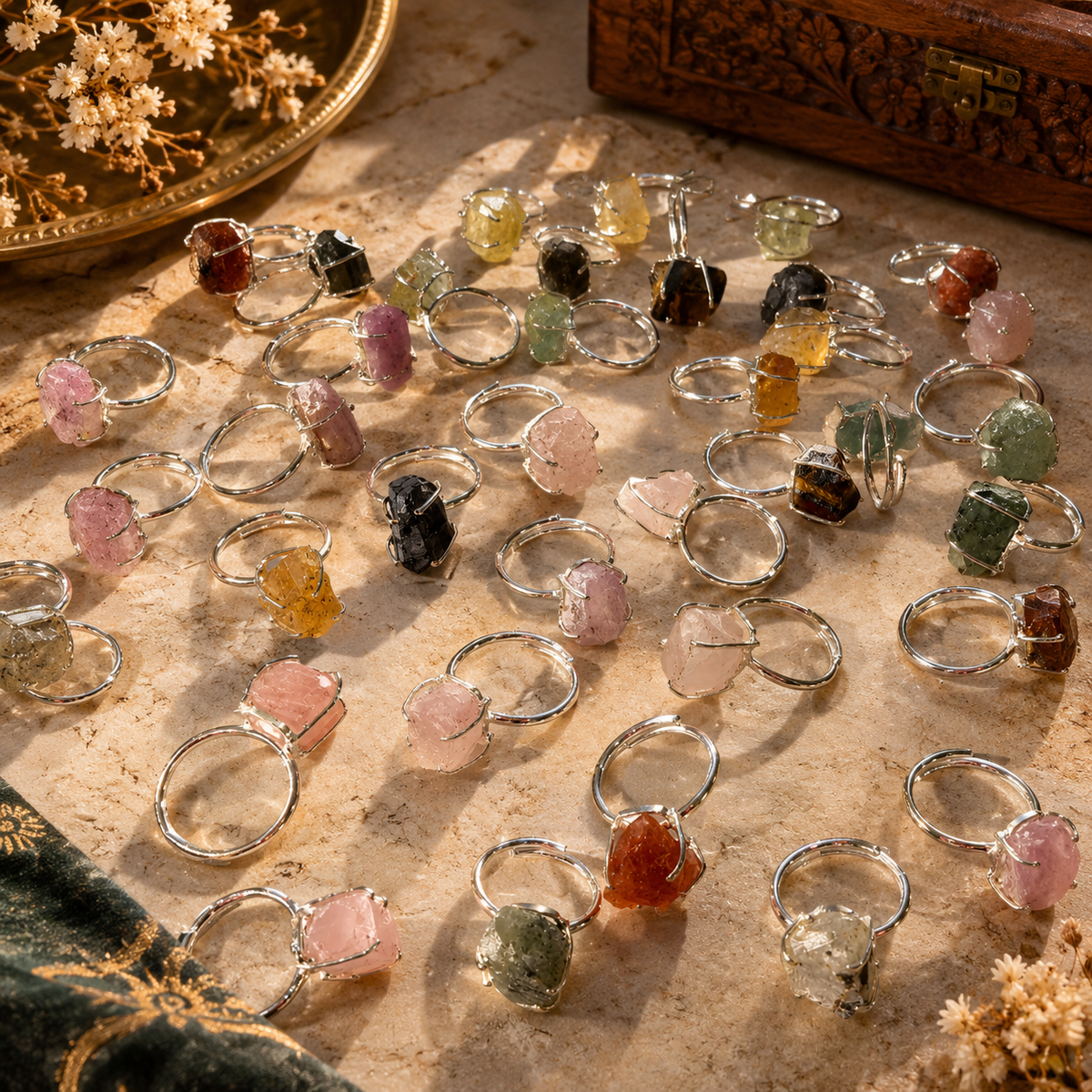 Assorted Crystals Ring – Raw Natural Stone Silver Plated |Elegancia