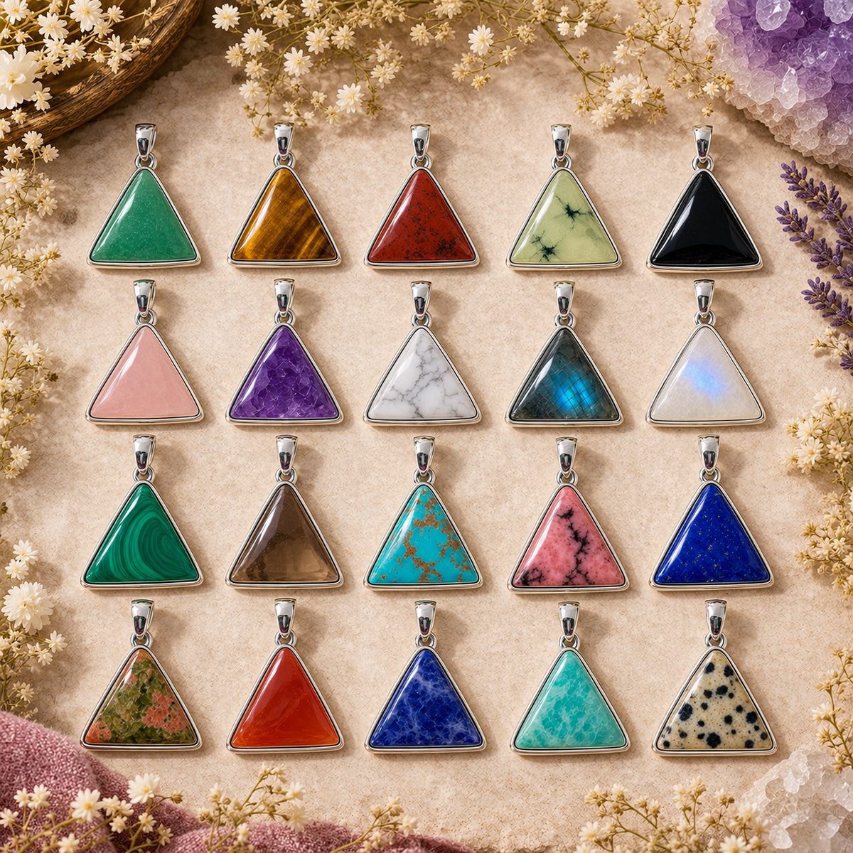 Assorted Crystal Pendant – Triangle Shape Natural Stone Silver Plated | Paz