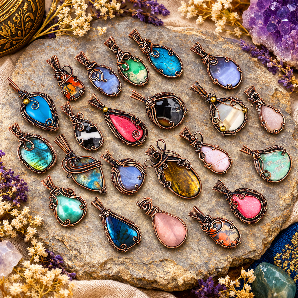 Assorted Crystals Pendant – Copper Wire Wrapped Natural Stone | Origen