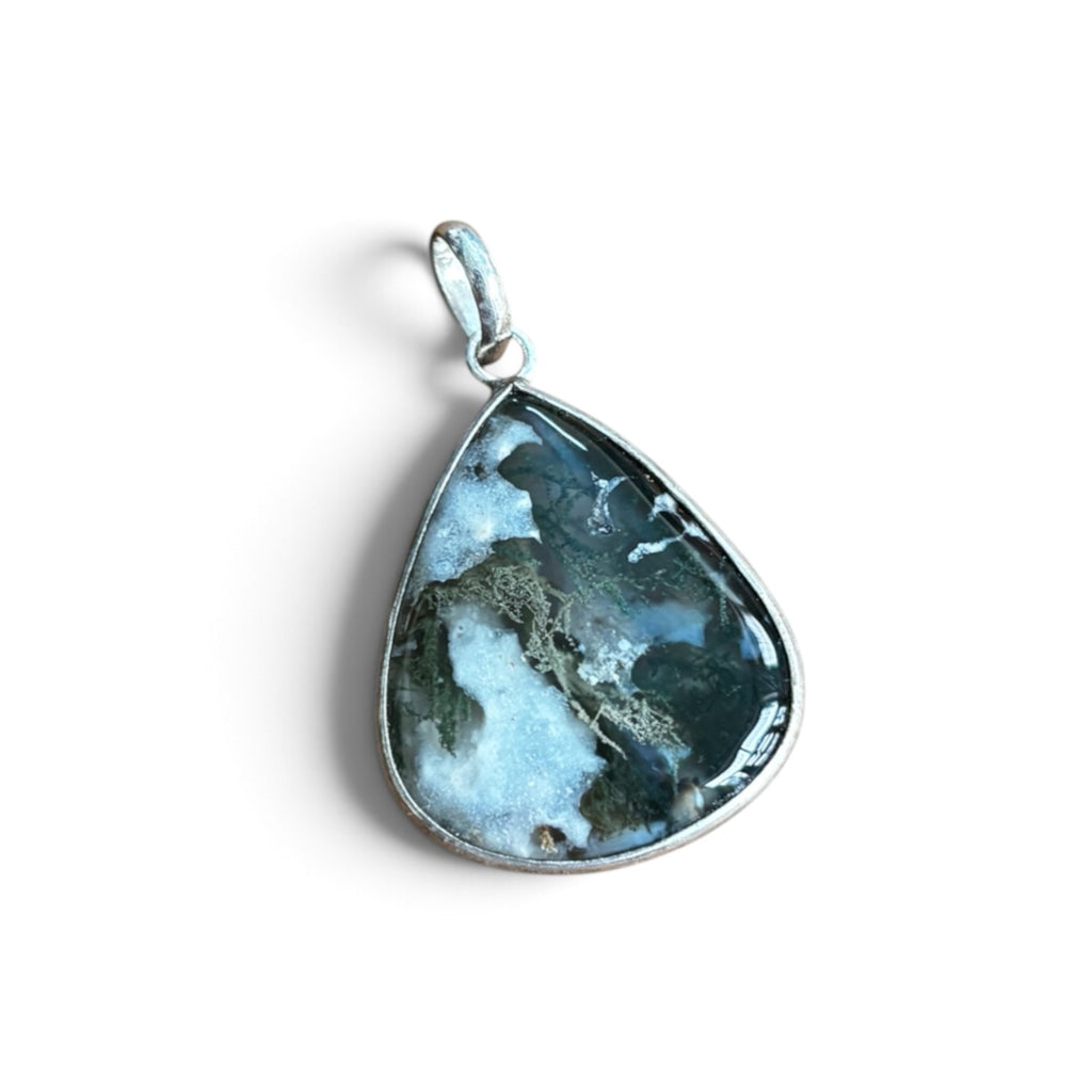 Forest Green Moss Agate Pendant - Natural Stone Silver Plated | Rare III