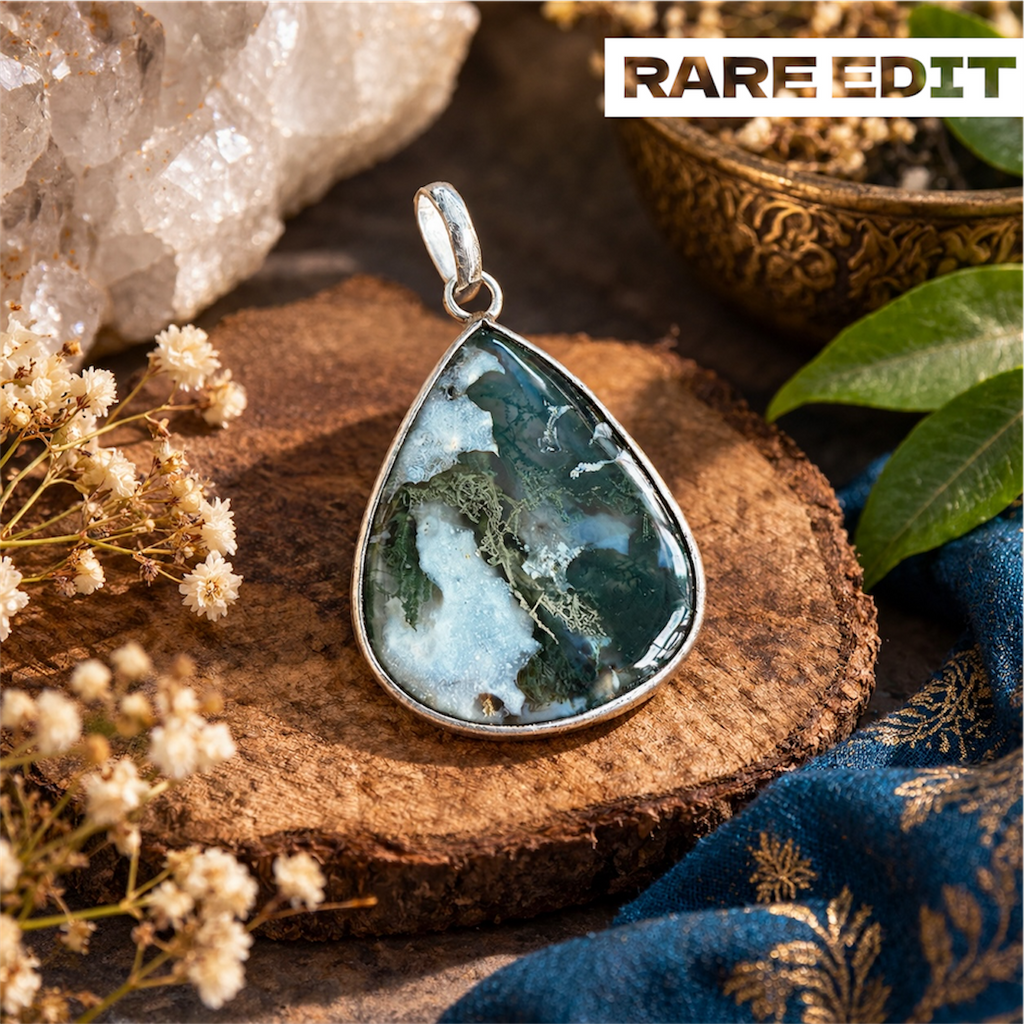 Forest Green Moss Agate Pendant - Natural Stone Silver Plated | Rare III