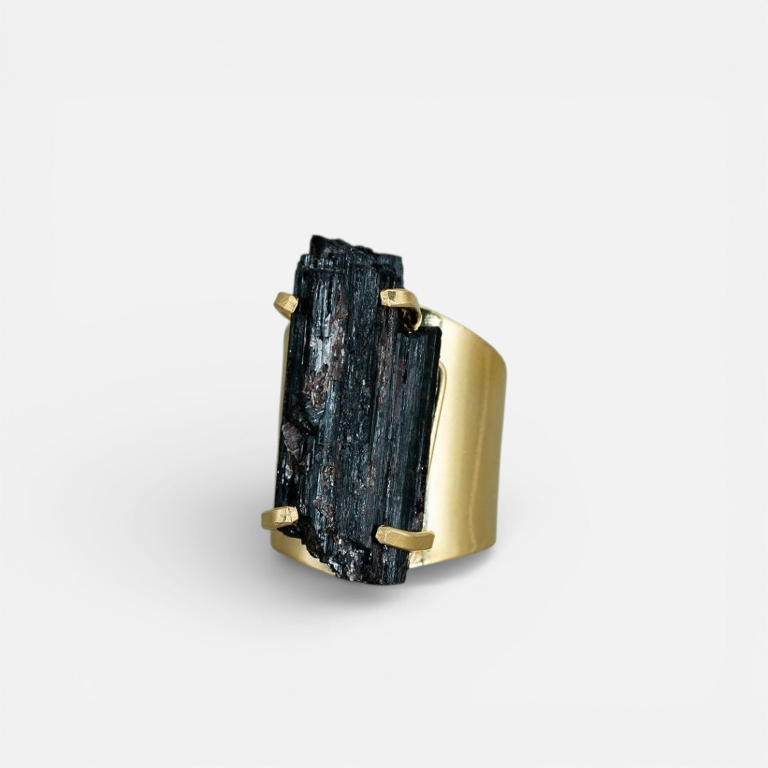 Black Tourmaline Ring - Raw Natural Stone | Adjustable Bold Matte Gold Plated