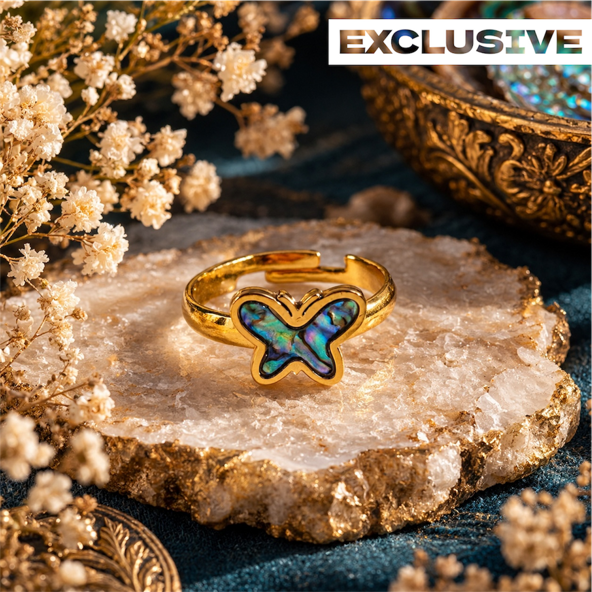 Abalone Ring - Butterfly Natural Shell Adjustable Gold plated Anti tarnish | Renewal
