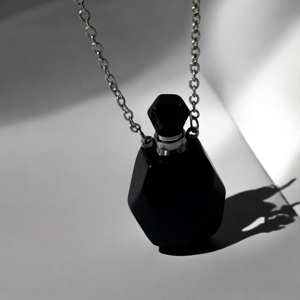 Black Obsidian Pendant - Perfume Bottle Carved Openable  Natural Stone | Protection