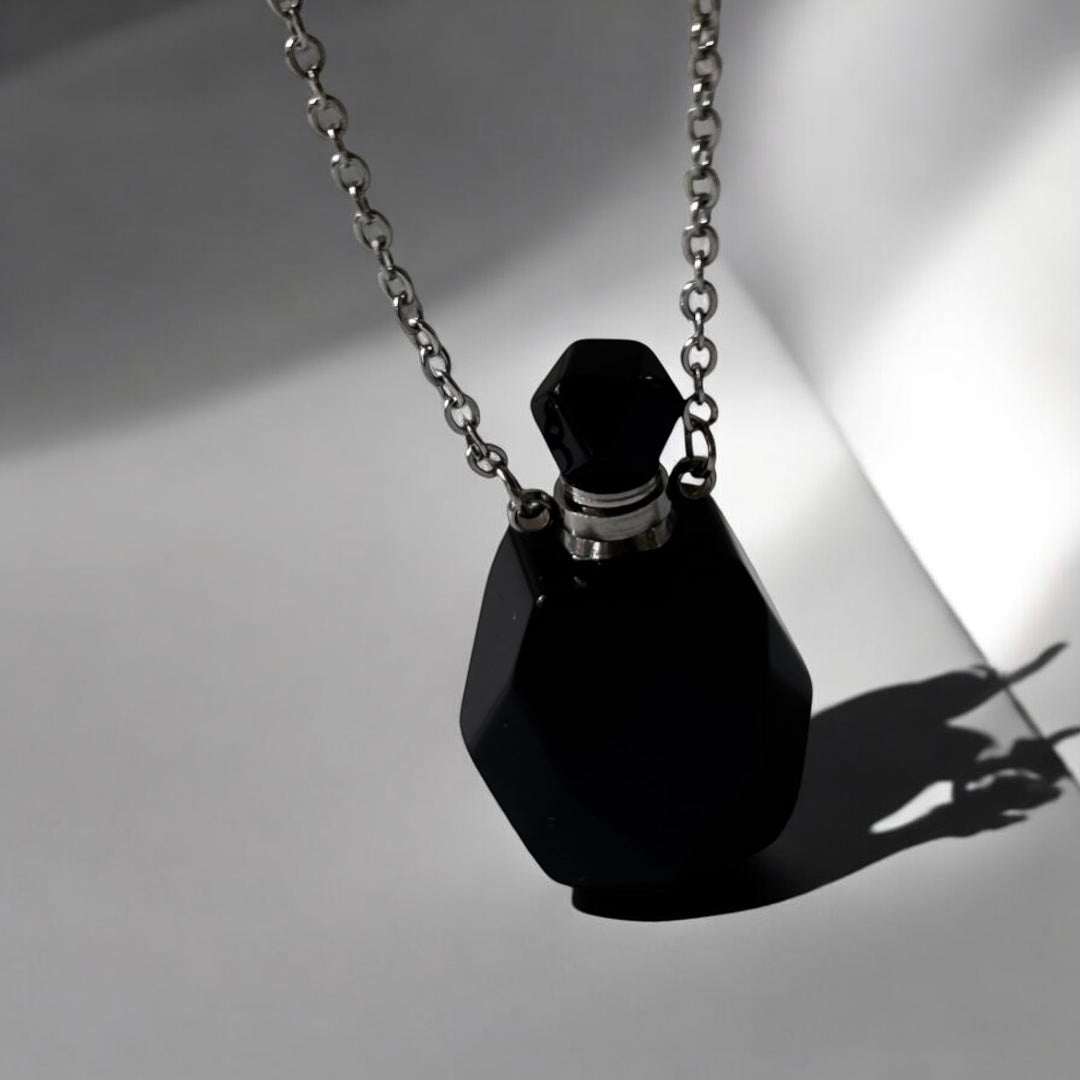 Black Obsidian Pendant - Perfume Bottle Carved Openable  Natural Stone | Protection