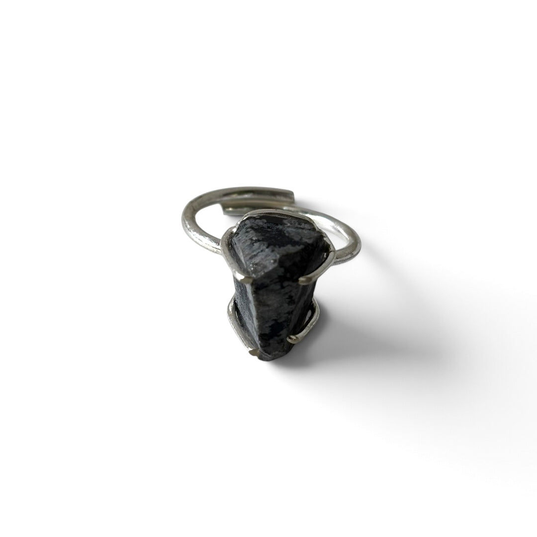 Snowflake Obsidian Ring - Raw Natural Stone Silver Plated Adjustable | Elegancia