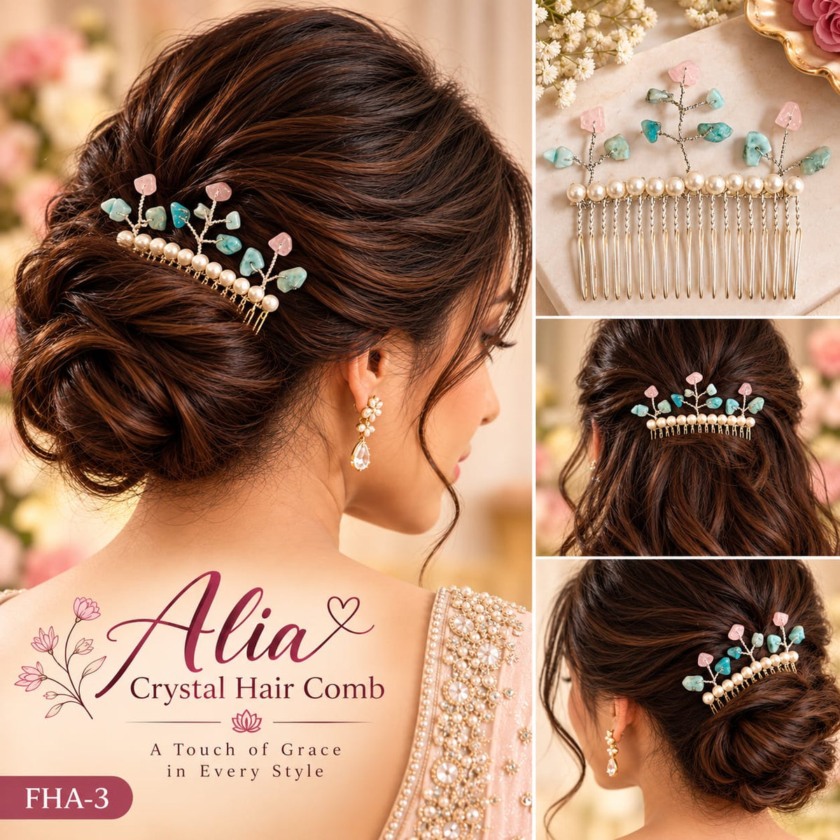 Larimar & Rose Quartz Crystal Comb - Natural Stones |  Alia