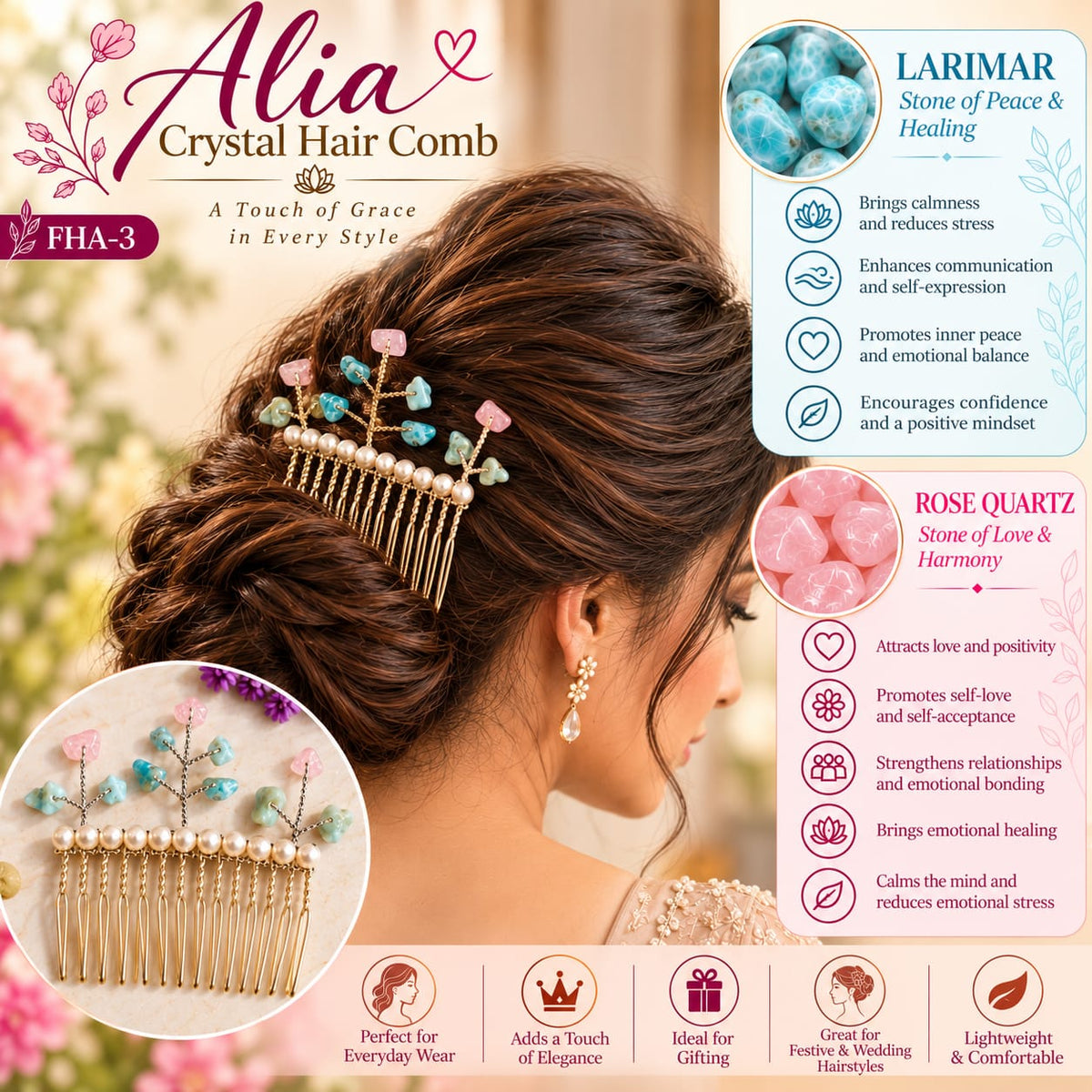Larimar & Rose Quartz Crystal Comb - Natural Stones |  Alia