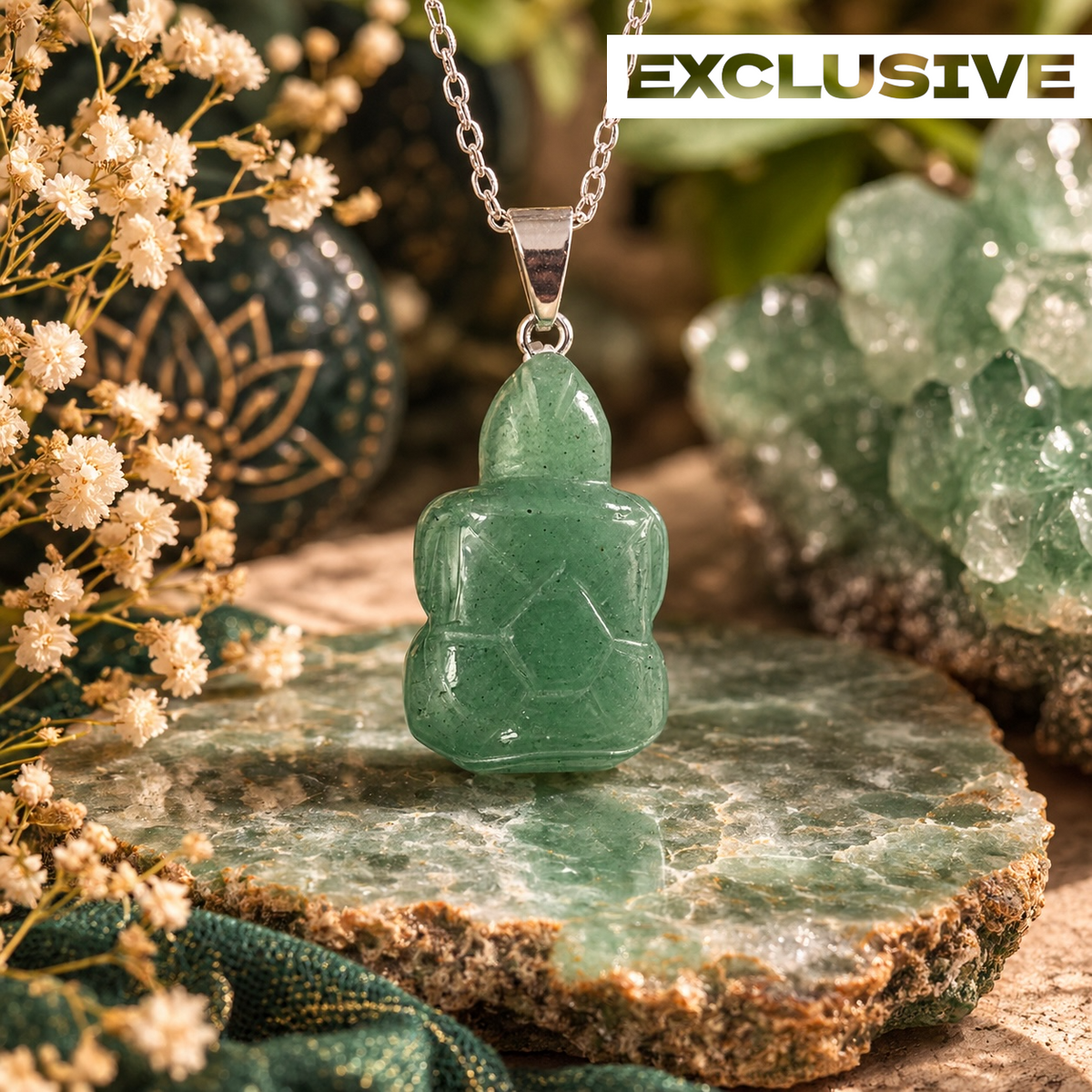 Green Aventurine Pendant - Turtle Carved Natural Stone | Luck