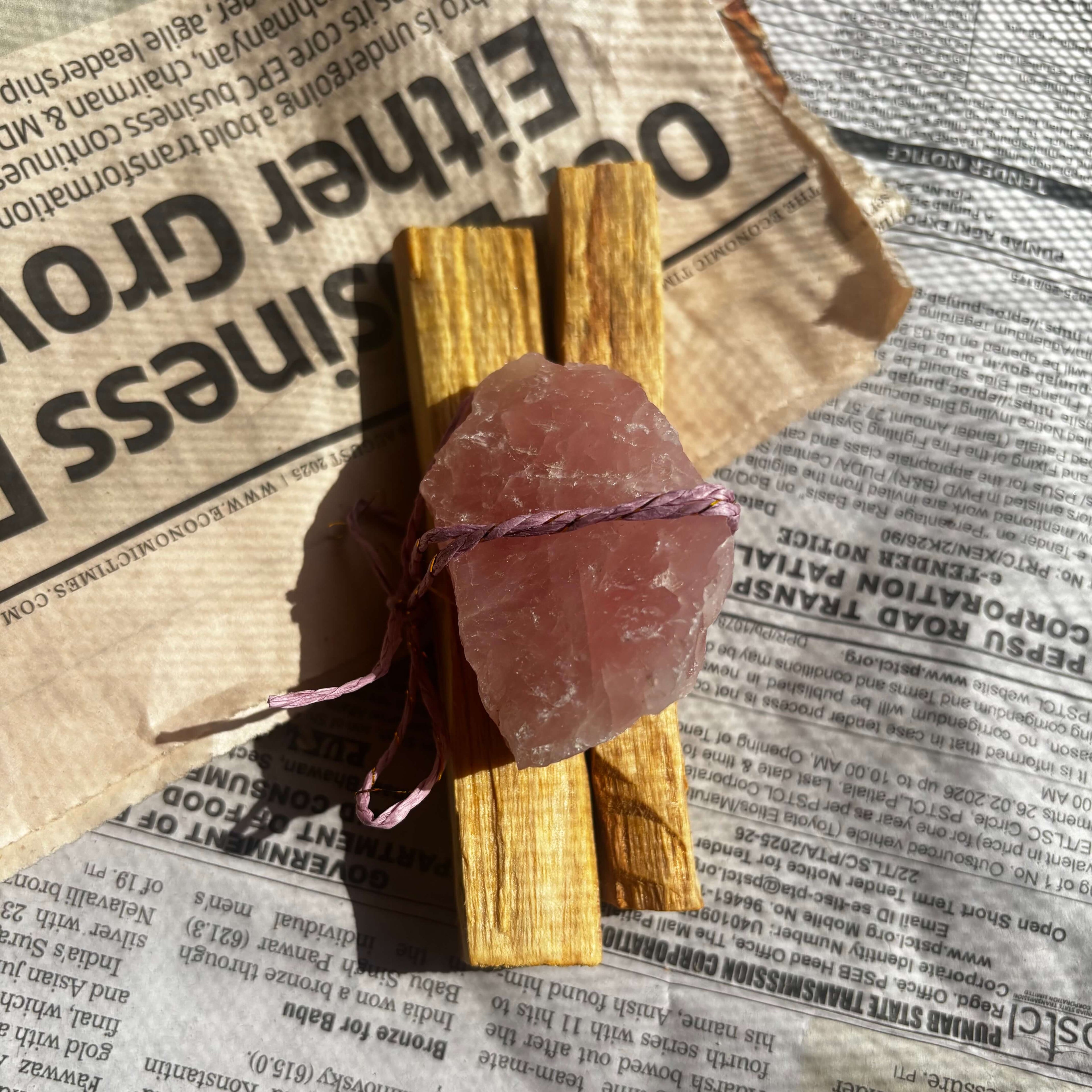 Sacred Rose Quartz & Palo Santo Holy wood Smudge Bundle | Believed to Support Feelings of Love & Emotional Warmth