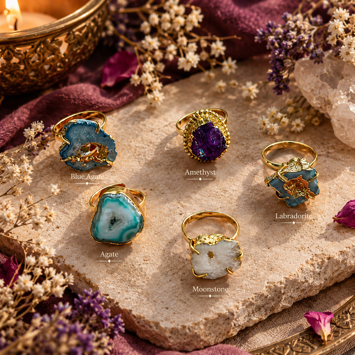 Drusy Agate Rings - Raw Natural Stone Adjustable Size Gold Plated Mix Assorted (5 pcs)