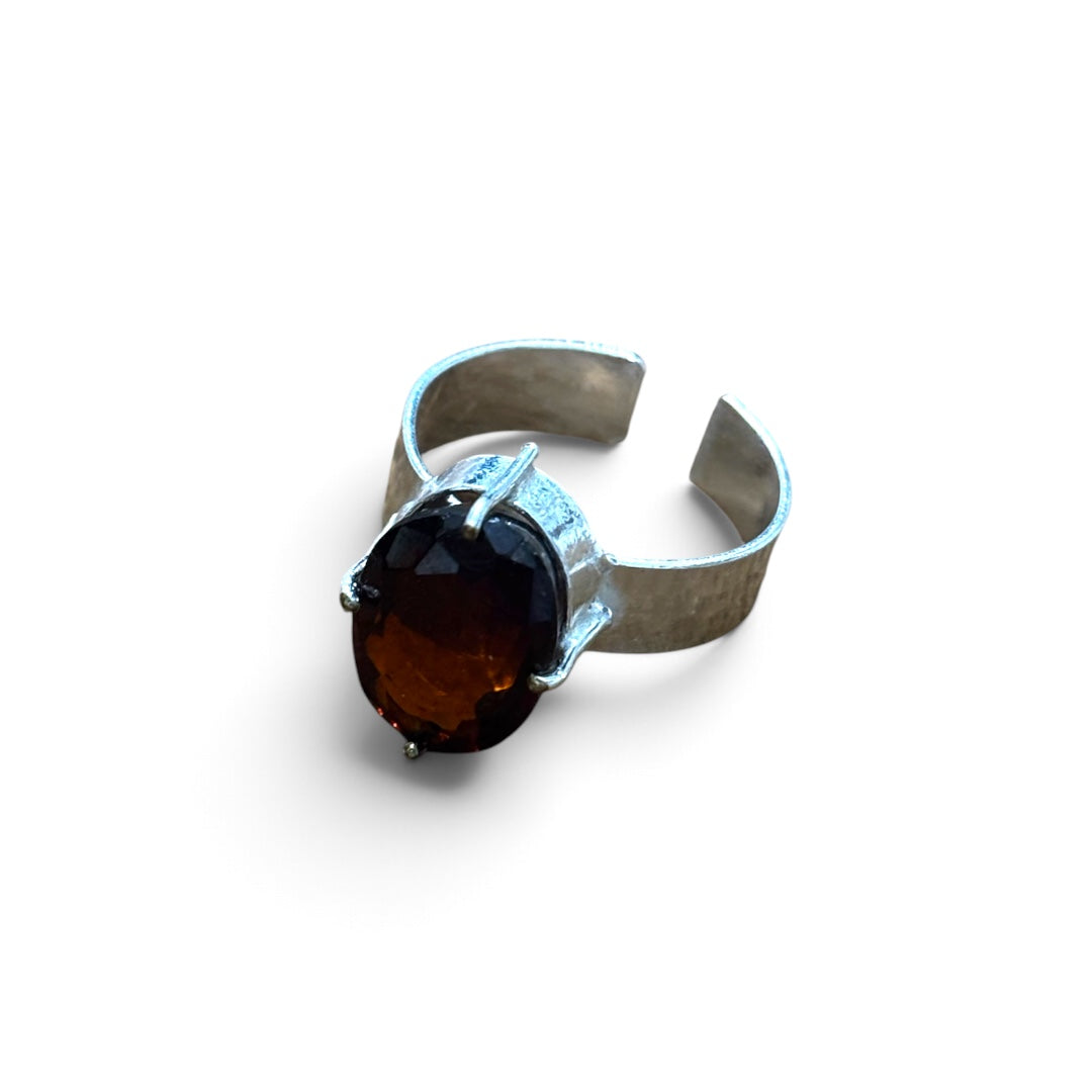 Hessonite Ring - Gomed Faceted Stone Silver Plated Adjustable Size (5 pcs)