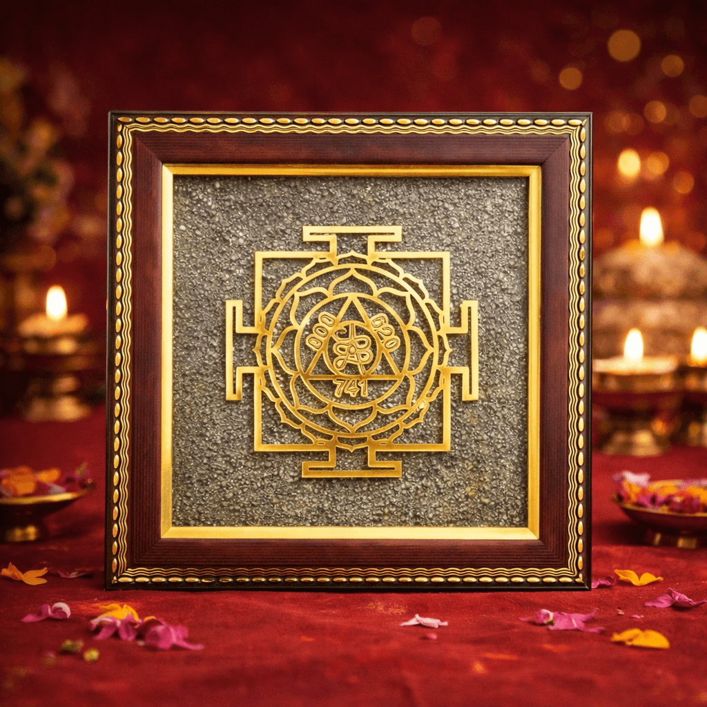 Shree Dhan Akarshan Yantra – Pyrite Dust Wooden Frame | Traditionally Associated with Prosperity & Abundance