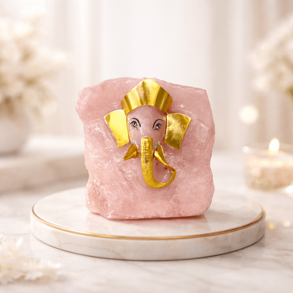 Rose Quartz Crystal Ganesha Idol – 925 Silver with Gold Polish | 
Luxury Home Decor Gift