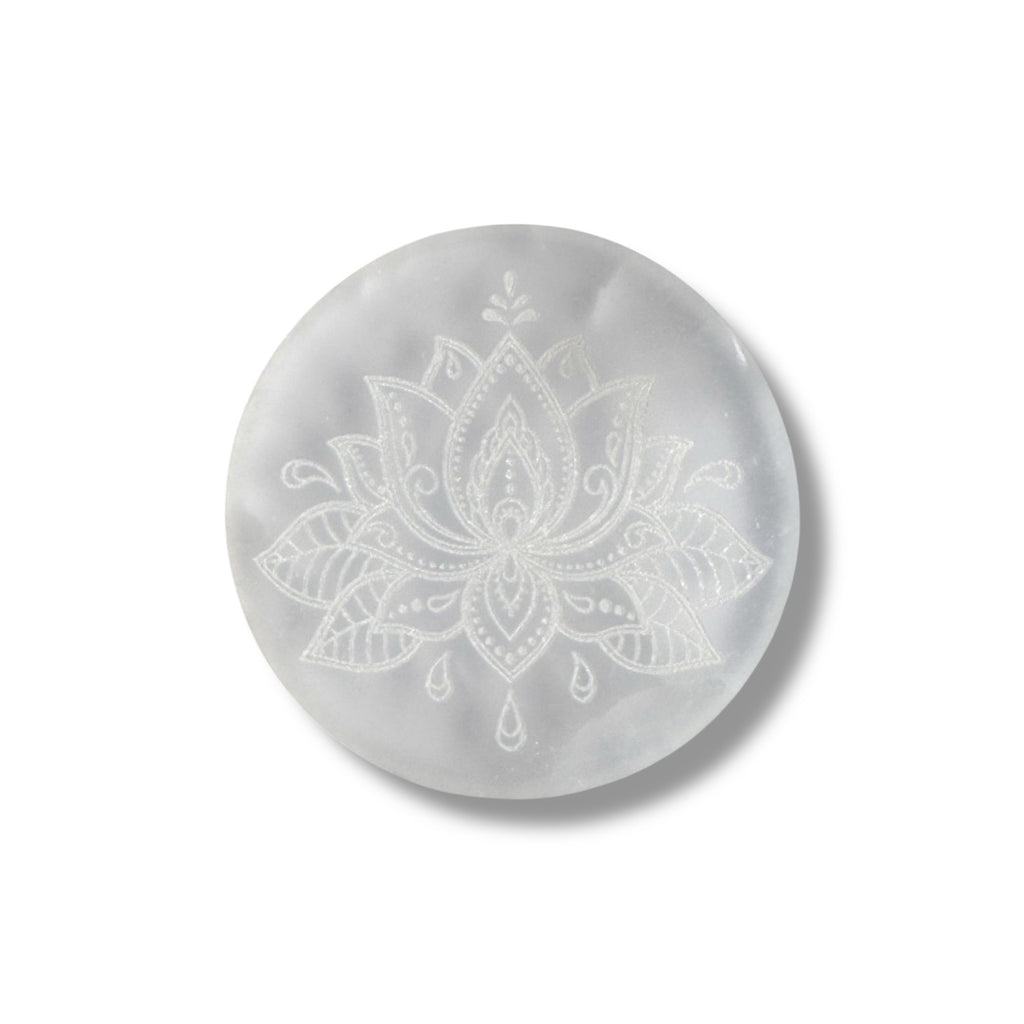 Selenite Plate With Lotus Artwork – Natural Crystal Slab | Elegant Home Decor Gift