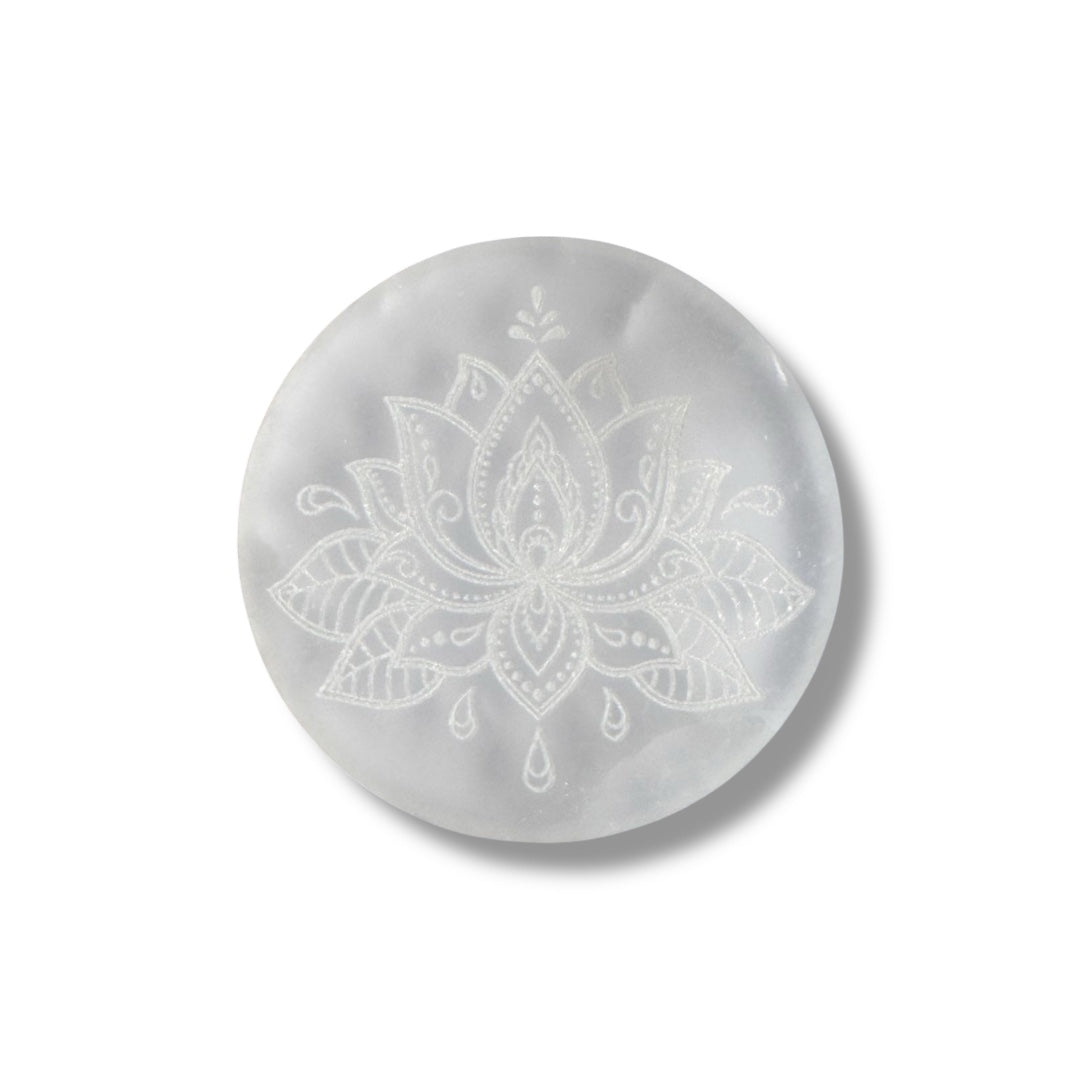 Selenite Plate With Lotus Artwork – Natural Crystal Slab | Elegant Home Decor Gift
