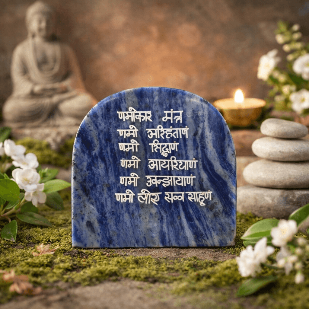 Lapis Lazuli with German Silver Navkar Mantra Engraving – Natural Crystal Decor
