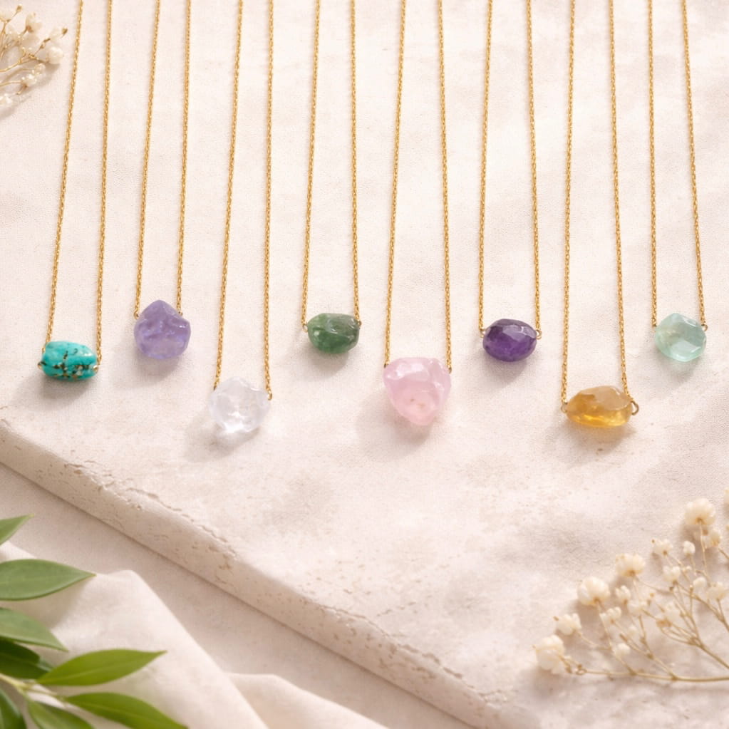 Crystals Necklace - Raw Natural Minimal Stone Adjustable | Mix Exclusive Golden Chain Nyra