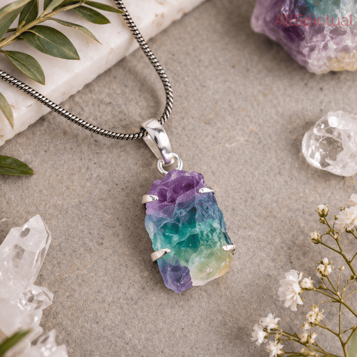 Multi Fluorite Pendant - Raw Natural Stone Silver Plated | Emblem of Balance