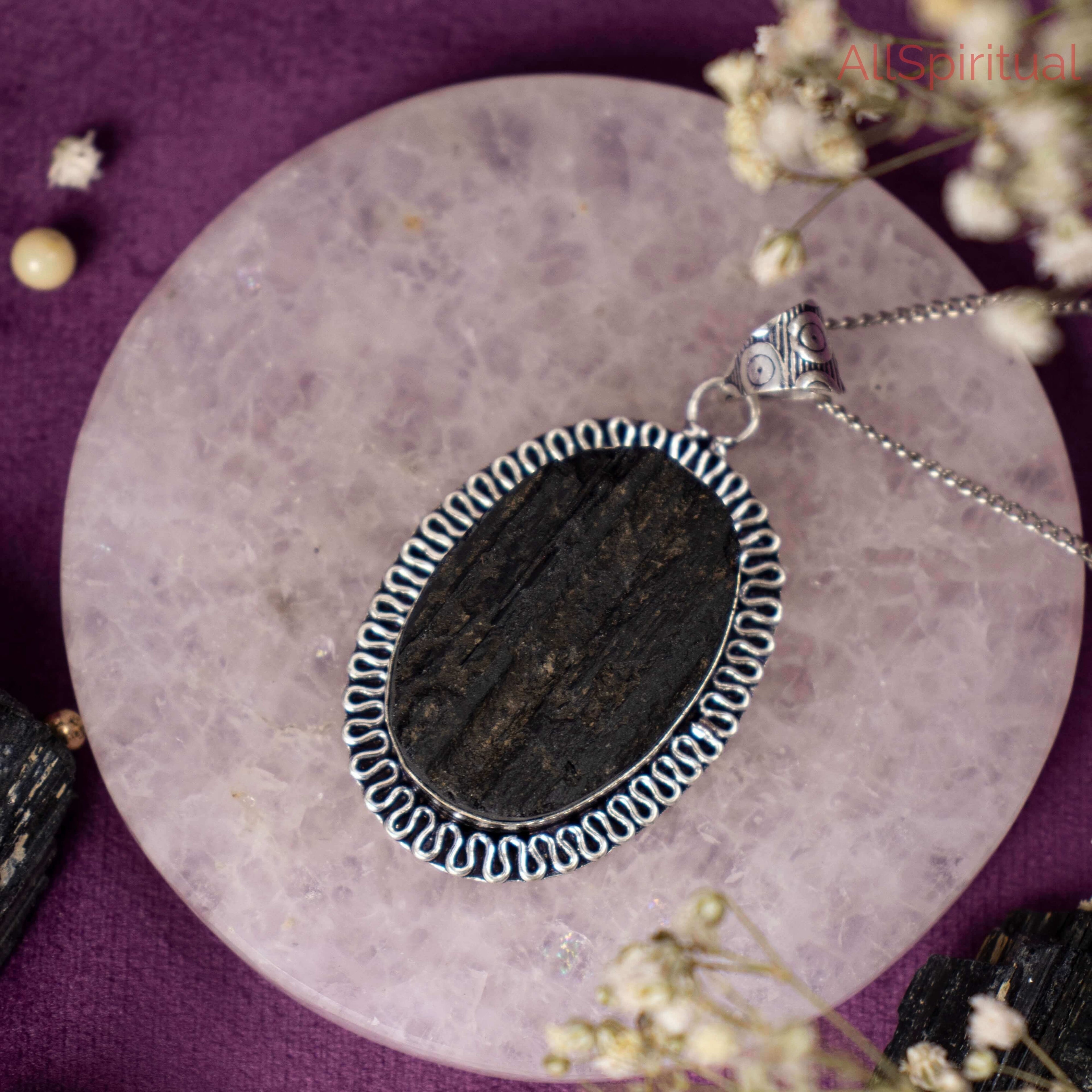 Black Tourmaline Pendant - Raw Natural Stone Oval Stone Silver Plated | Rooted in Stability
