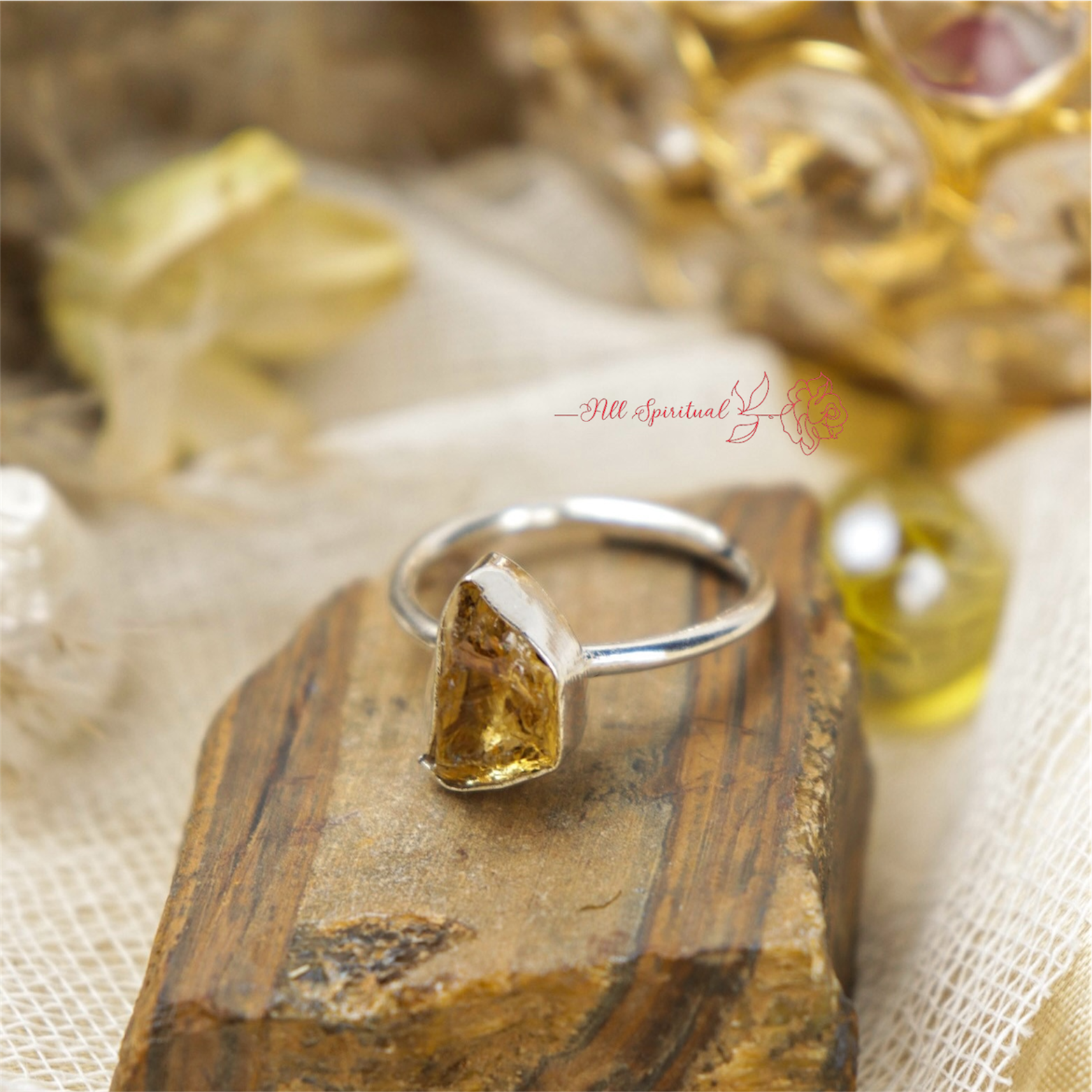 Citrine Ring - Raw Natural Stone Adjustable Silver Plated | Reminder of Abundance
