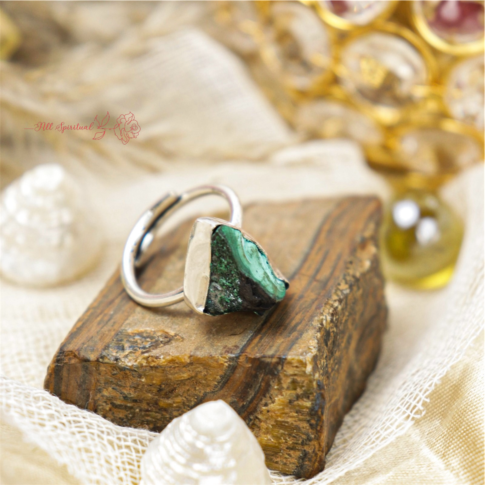 Malachite Ring - Raw Natural Stone Adjustable Silver Plated | Reminder of Transformation