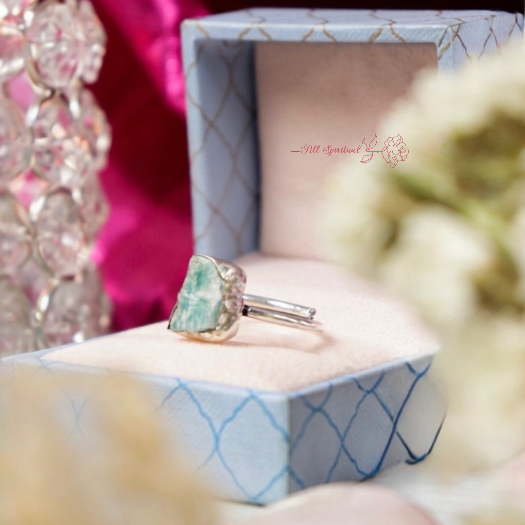 Amazonite Ring - Raw Natural Stone Adjustable Silver Plated | Reminder of Calm