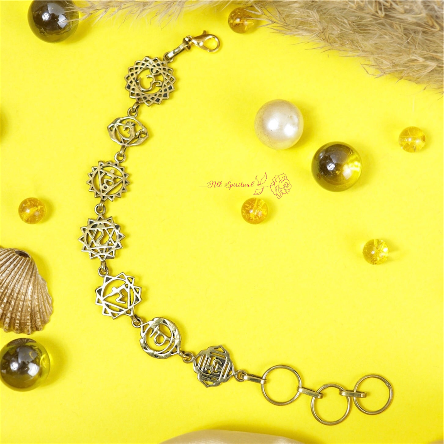 Yoga Seven Chakra Symbols Charm Bracelet - Adjustable Gold Plated